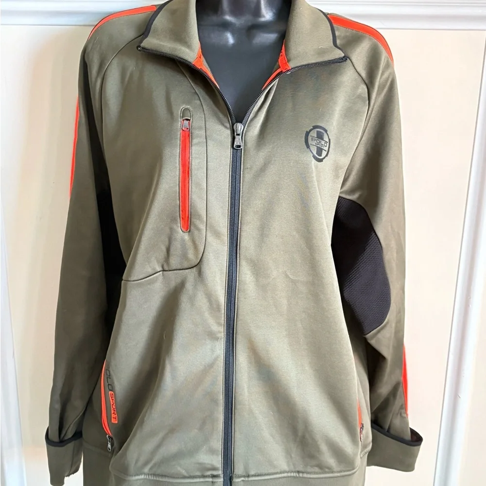 Ralph Lauren Large Polo Performance Olive Green Jacket with Bright Orange Trim - Picture 2 of 5